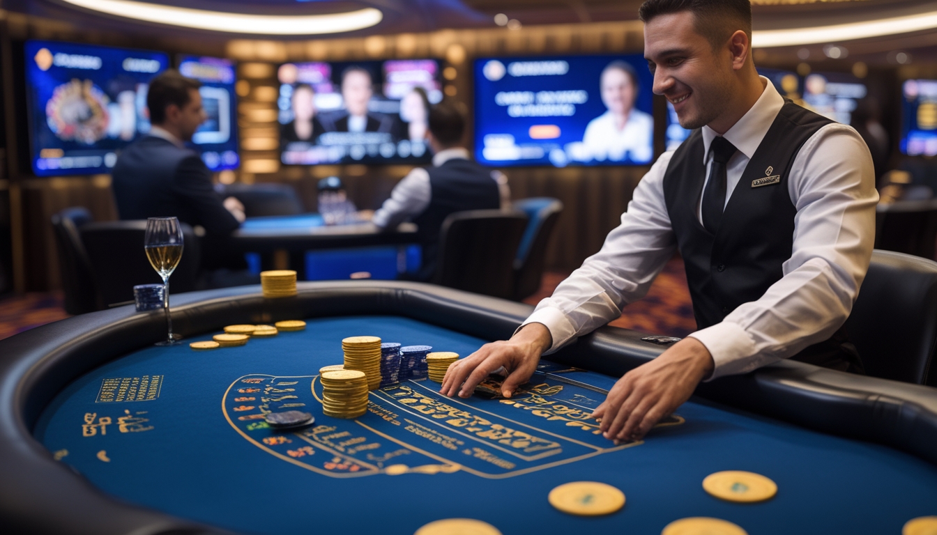 Meja blackjack di kasino dengan dealer dan pemain, layar digital menampilkan permainan blackjack online dan live dealer.