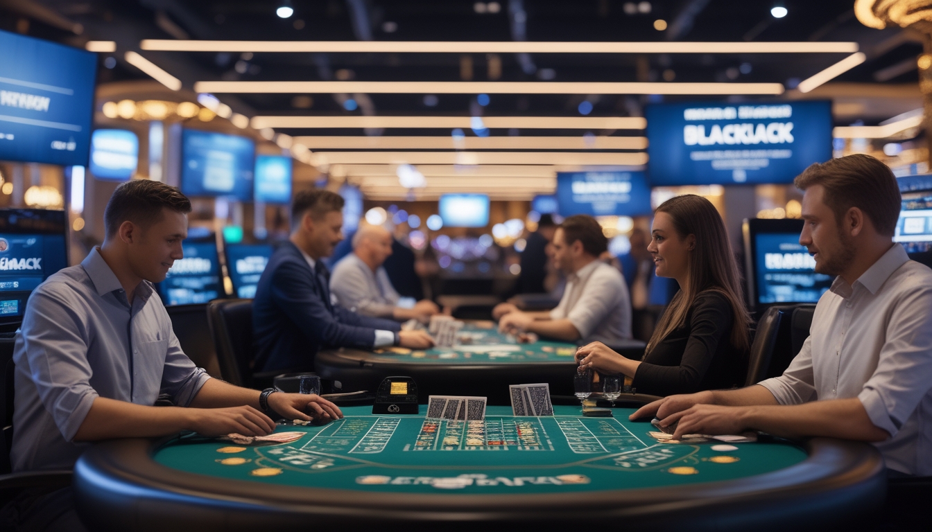 Suasana kasino di Vegas Strip dengan pemain blackjack menggunakan kartu fisik dan perangkat digital di meja blackjack yang modern.