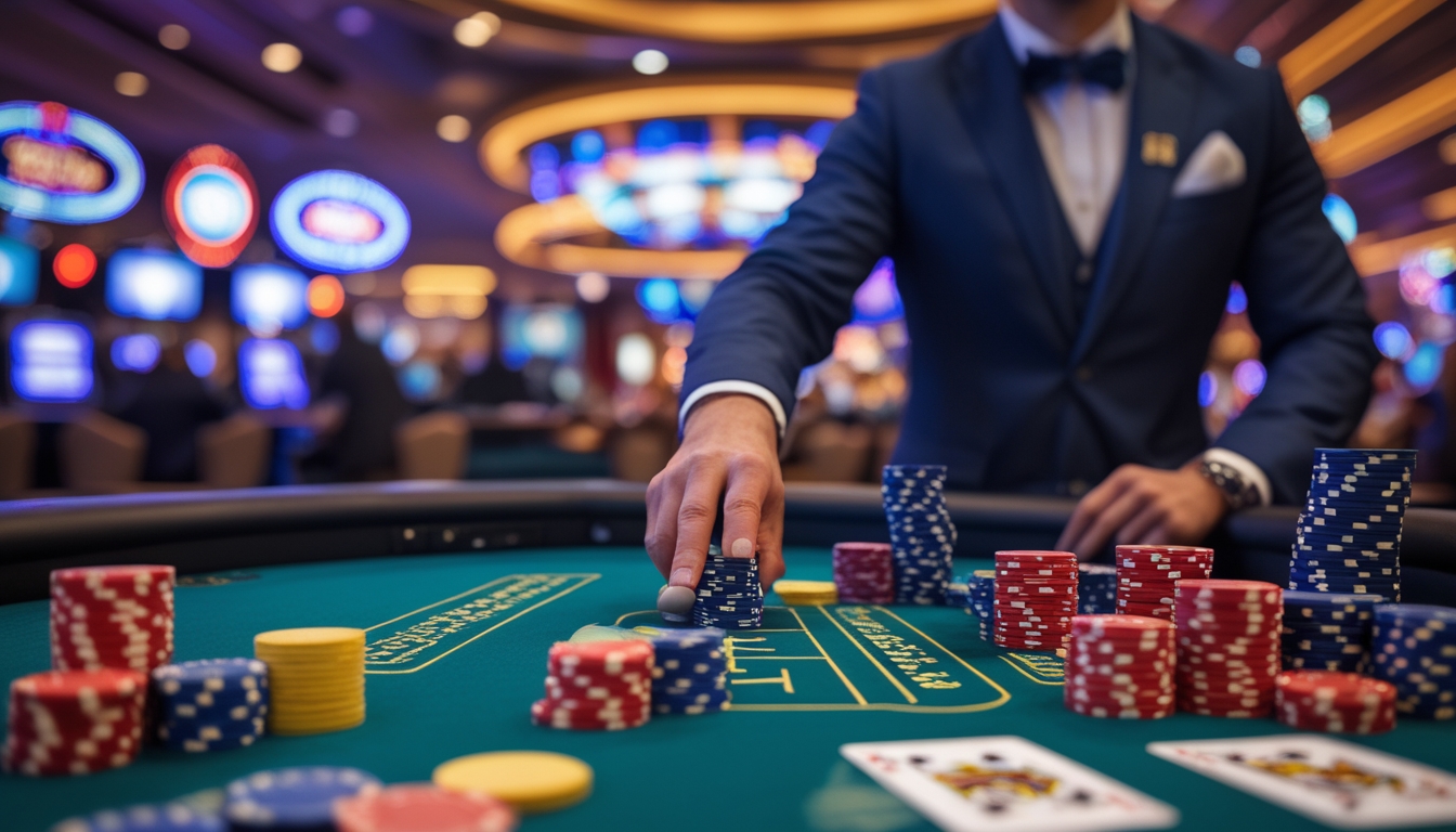 Seorang pemain berjudi di meja blackjack di kasino dengan tumpukan chip dan dealer yang membagikan kartu.