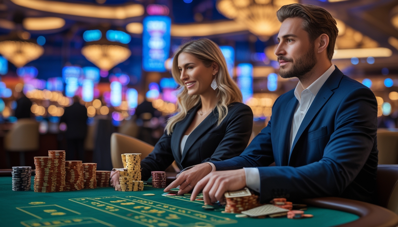 Seorang pria dan wanita duduk di meja blackjack di kasino dengan latar belakang lampu dan gedung Las Vegas Strip, fokus pada permainan kartu dan chip.