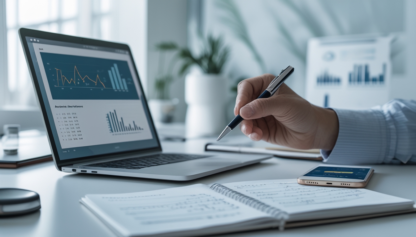 Meja kerja modern dengan laptop, catatan, dan ponsel yang menunjukkan data angka dan grafik, suasana fokus pada analisis dan perencanaan.