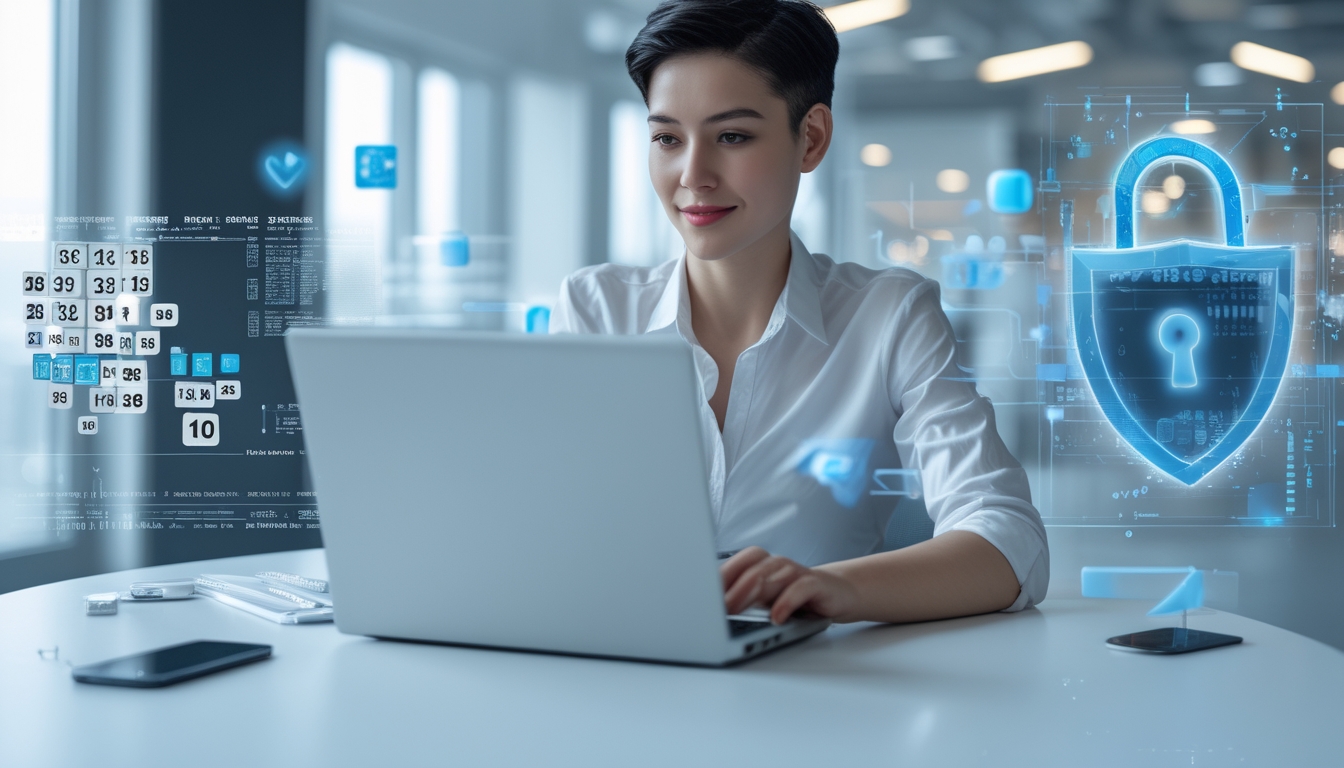 Seseorang menggunakan laptop di ruang kerja yang terang dengan ikon keamanan digital dan angka lotere mengambang di layar.