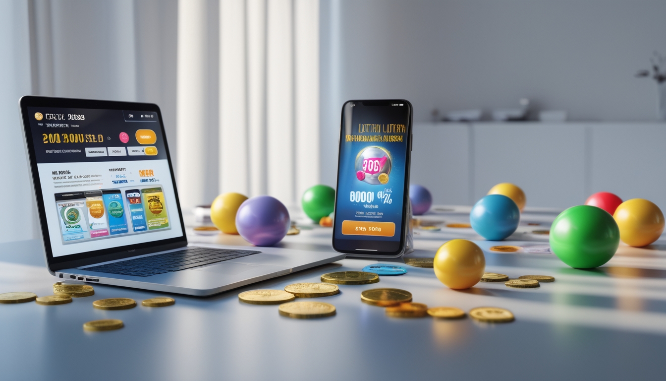 Meja kerja dengan laptop dan ponsel yang menampilkan antarmuka permainan togel, bola togel berwarna-warni yang tersebar di sekitar, dan elemen promosi seperti kotak hadiah dan koin di atas meja.