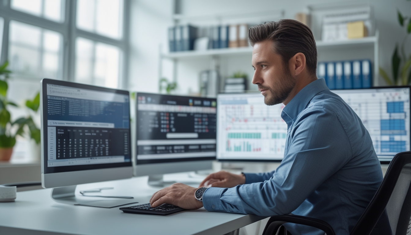 Seorang pria duduk di meja kantor modern sambil menganalisis data pada layar komputer dengan grafik dan angka.