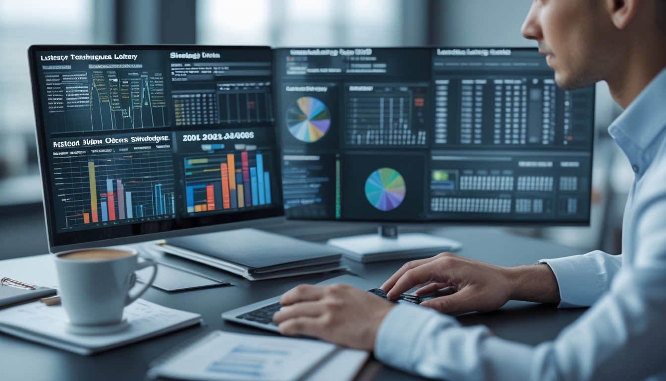 Seseorang yang fokus menganalisis data togel pada beberapa layar digital di kantor modern.