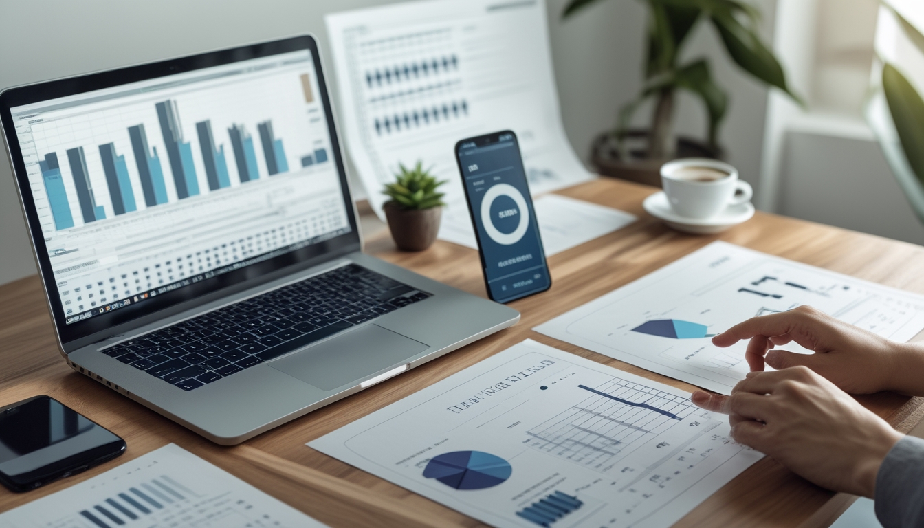 Meja kerja dengan laptop, ponsel, dan dokumen yang menampilkan data angka dan grafik, tangan seseorang sedang mengetik atau menunjuk layar.