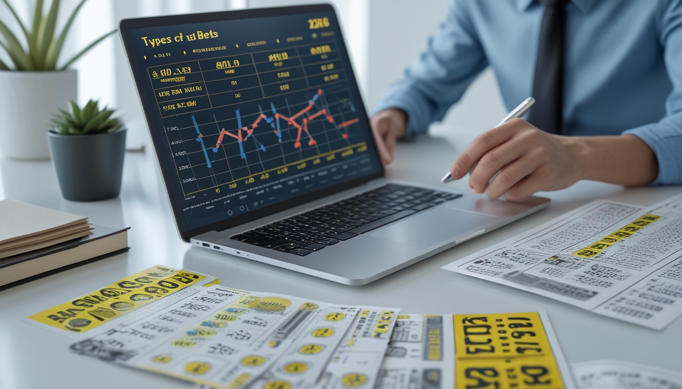 Seorang pria duduk di depan laptop dengan tiket lotere dan catatan taruhan di meja, sedang menganalisis data angka dalam ruangan kantor yang terang.