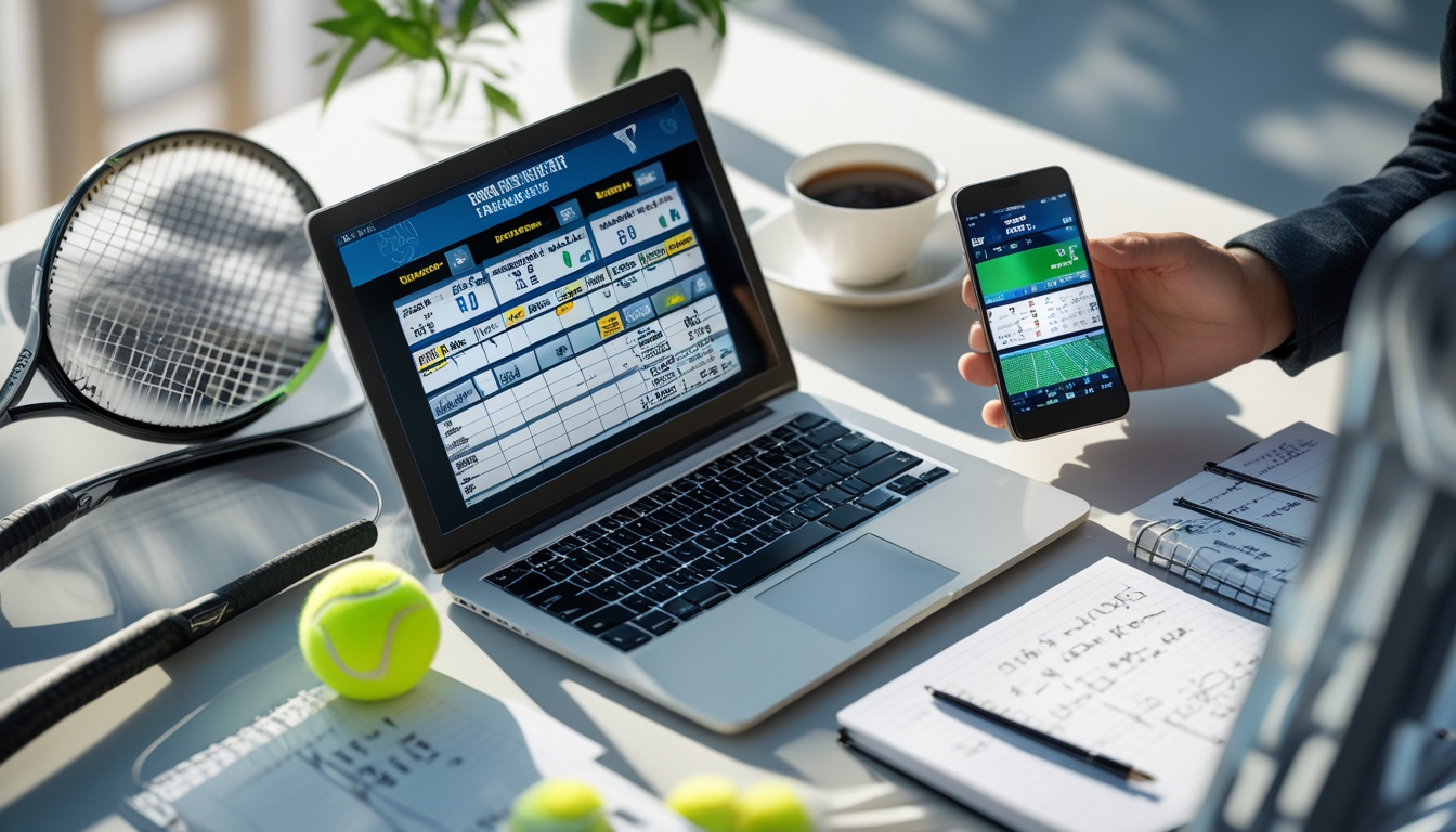 Meja kerja dengan laptop yang menampilkan statistik pertandingan tenis dan peluang taruhan, bola tenis, raket, buku catatan, kopi, dan ponsel yang menampilkan pertandingan tenis langsung.