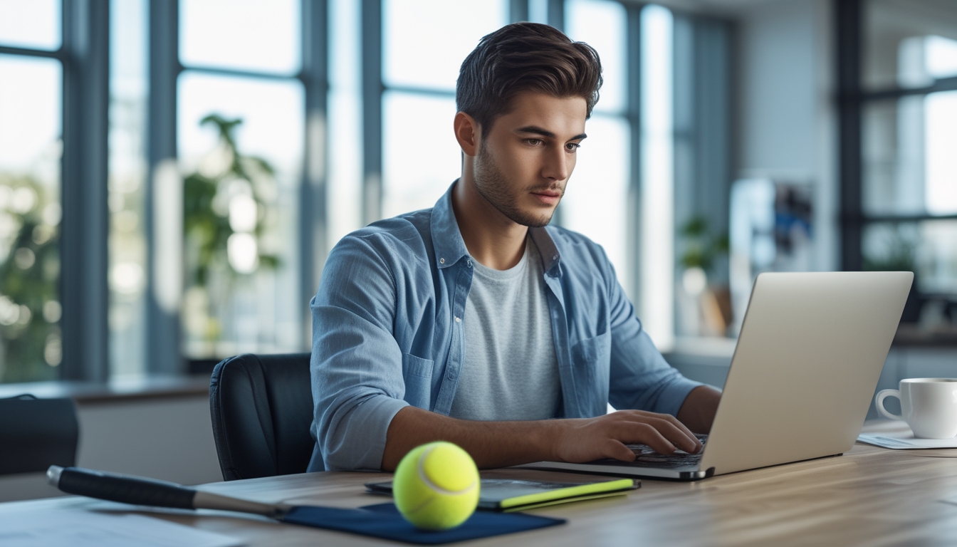 Seorang pria muda duduk di meja dengan laptop dan peralatan tenis, tampak fokus sedang mencari situs taruhan tenis yang aman.