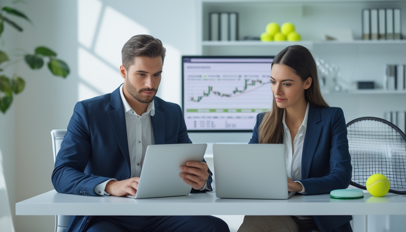 Seorang pria dan wanita duduk di meja kantor modern sambil melihat situs taruhan tenis di laptop dan tablet.