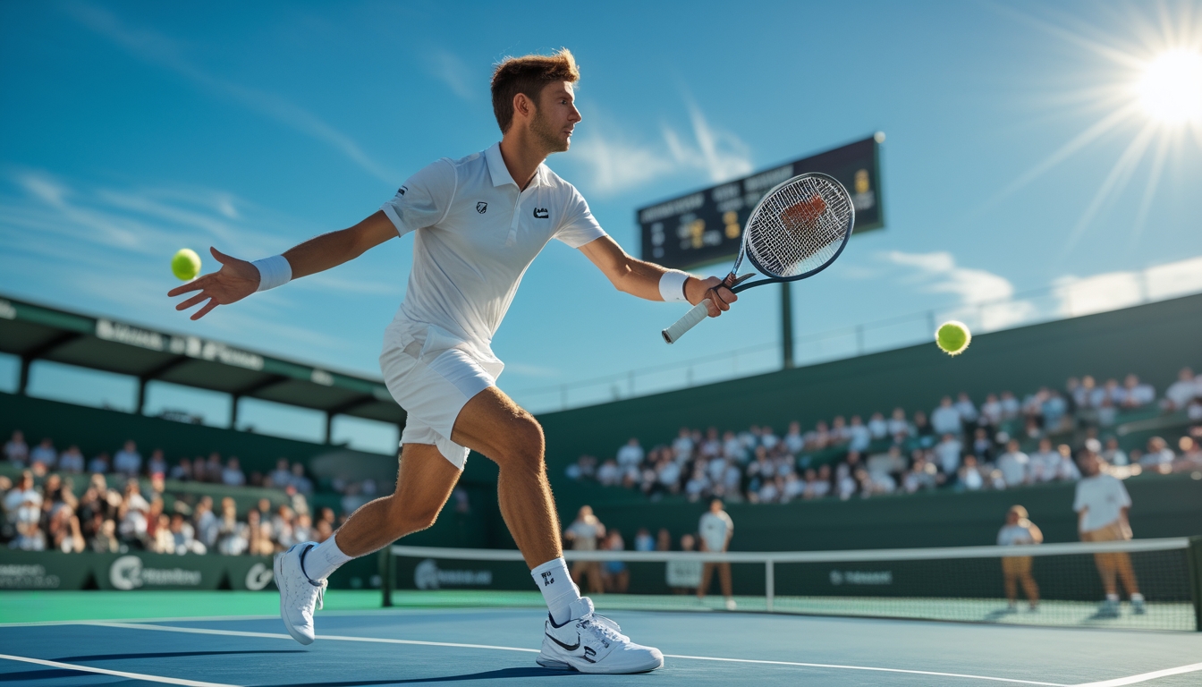 Seorang pemain tenis pria sedang bersiap memukul bola di lapangan tenis dengan latar belakang papan skor dan penonton.