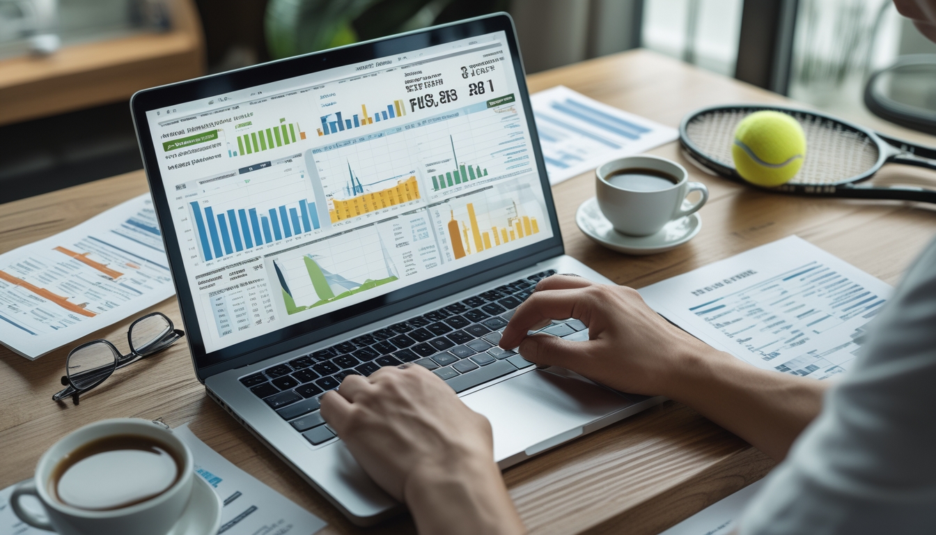 Meja kerja dengan laptop yang menampilkan grafik taruhan tenis, di sekitar terdapat kertas data, cangkir kopi, kacamata, serta raket dan bola tenis di atas meja.