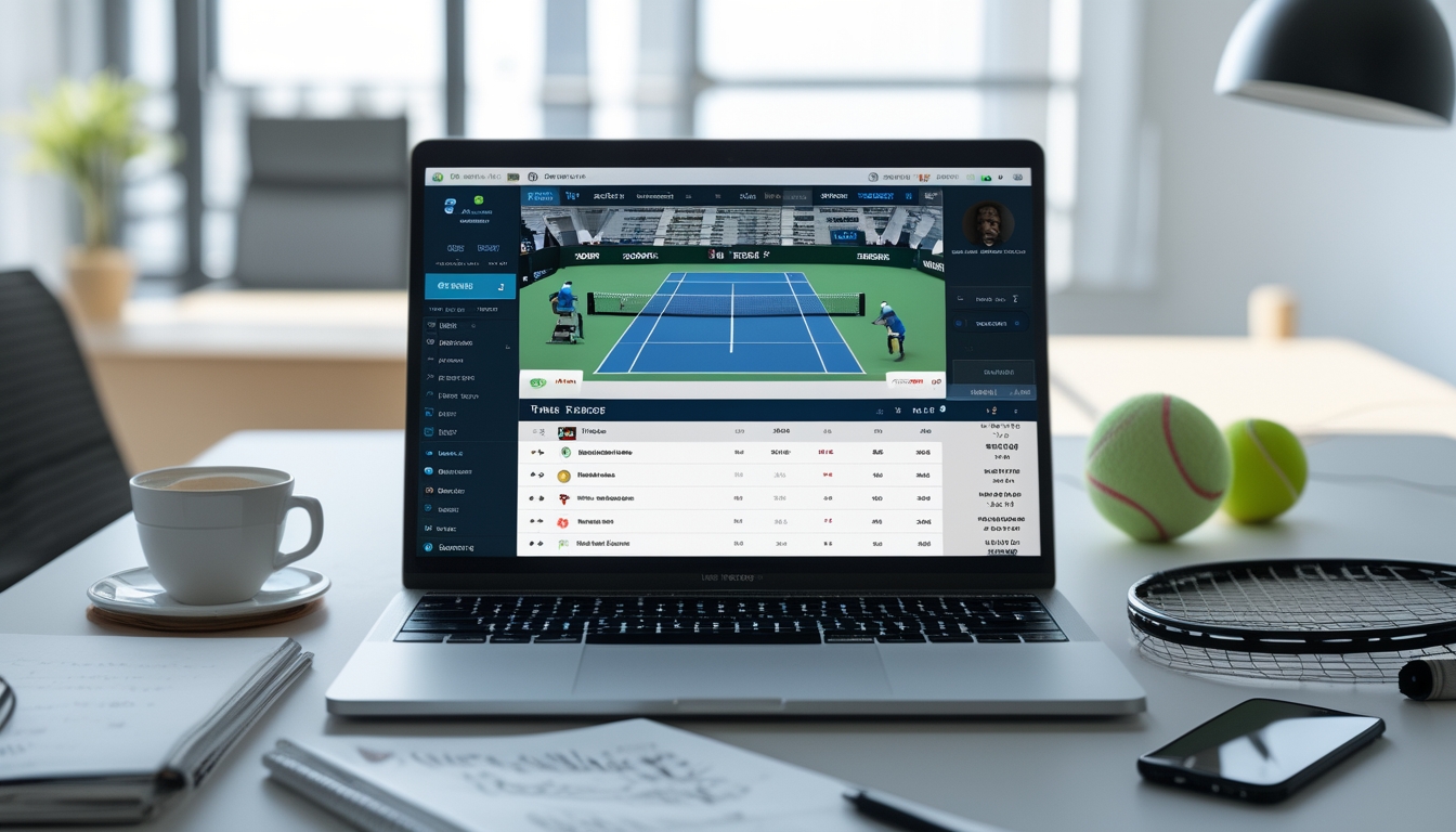 Seorang profesional bekerja di meja dengan laptop menampilkan pertandingan tenis dan aplikasi taruhan, di sekitar terdapat catatan, ponsel, dan bola tenis.