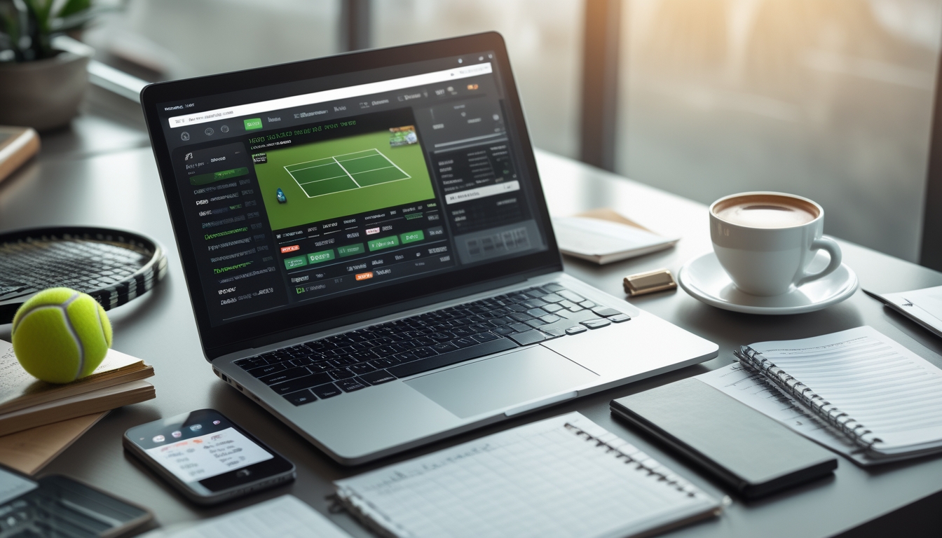 Meja kerja dengan laptop yang menampilkan pertandingan tenis dan aplikasi taruhan, dikelilingi catatan, ponsel, dan perlengkapan tenis.