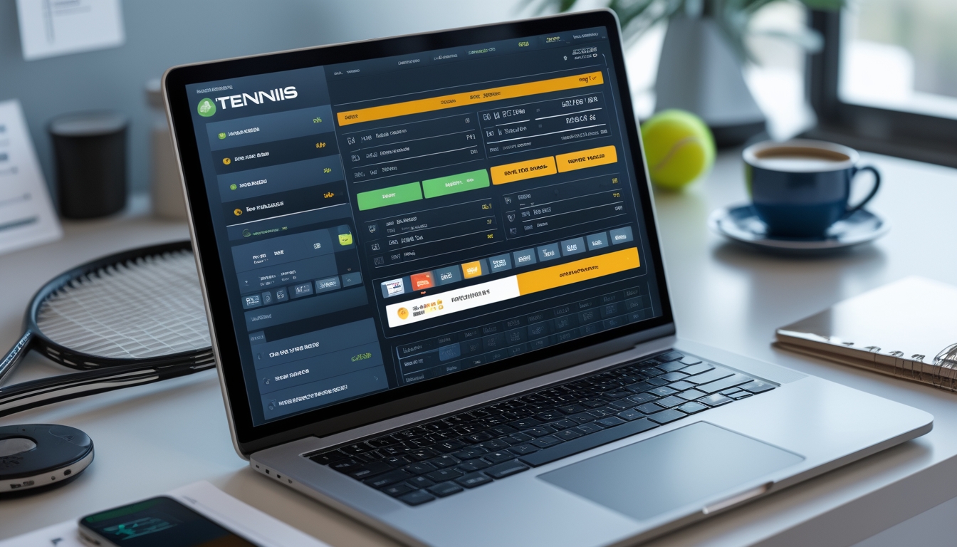 Meja kerja dengan laptop menampilkan situs taruhan tenis, raket tenis, dan bola tenis di latar belakang.