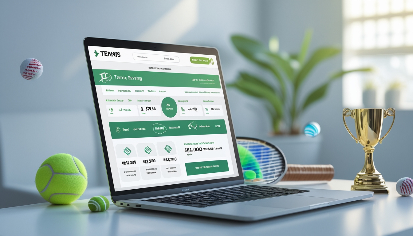 Sebuah laptop di atas meja dengan tampilan situs taruhan tenis yang menampilkan bonus dan promo, dikelilingi oleh bola tenis dan raket.