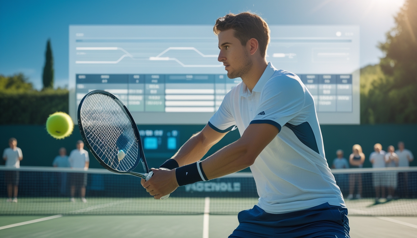Seorang pemain tenis pria bersiap memukul bola di lapangan tenis dengan latar belakang papan skor dan grafik taruhan yang samar-samar terlihat.