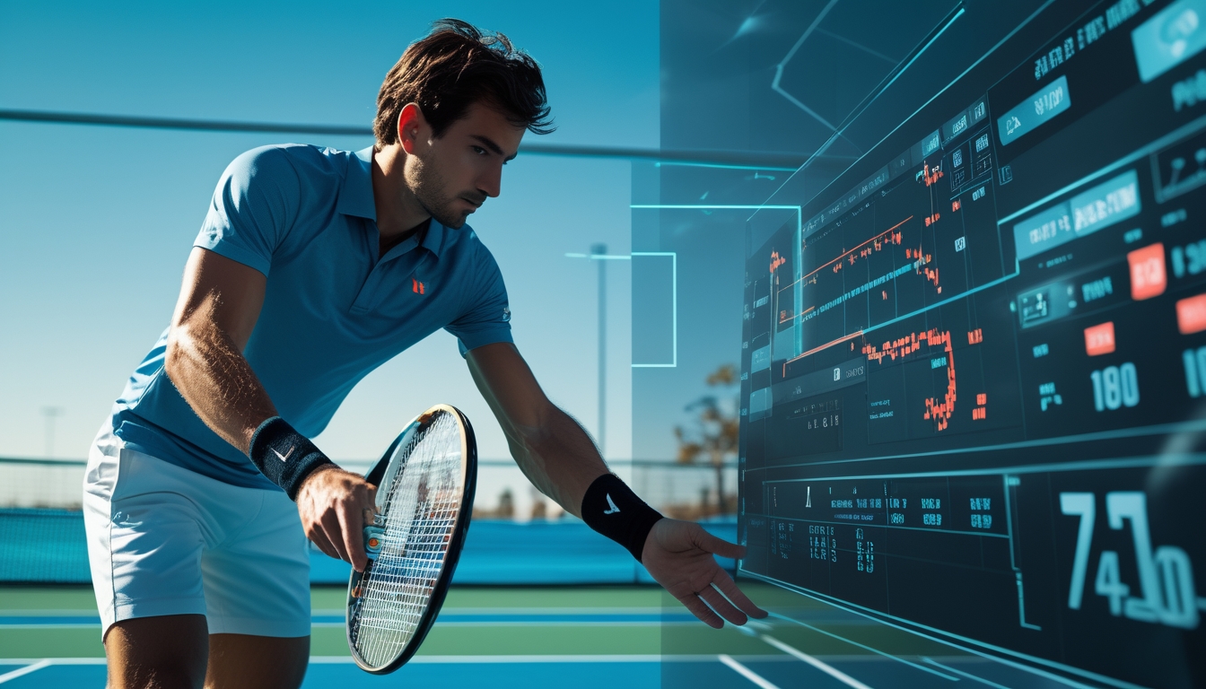 Seorang pemain tenis pria sedang bersiap melakukan servis di lapangan tenis dengan latar belakang langit biru dan grafik taruhan tenis transparan di dekatnya.