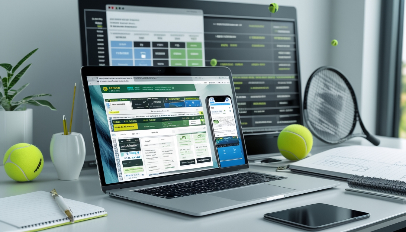 Meja kerja dengan laptop dan ponsel yang menampilkan jadwal pertandingan tenis dan informasi taruhan, dikelilingi bola tenis dan raket.