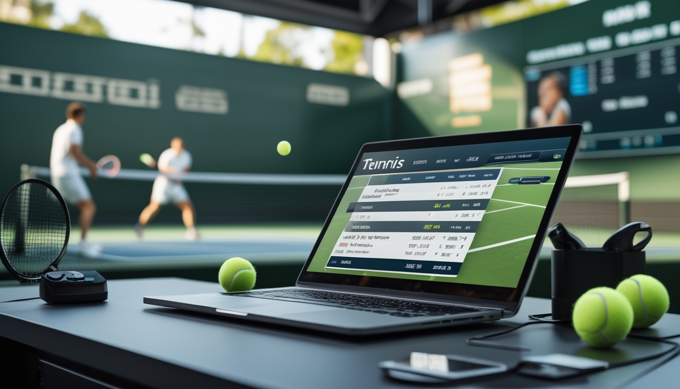 Suasana terminal taruhan tenis dengan layar menampilkan odds taruhan dan pertandingan tenis yang sedang berlangsung di latar belakang.