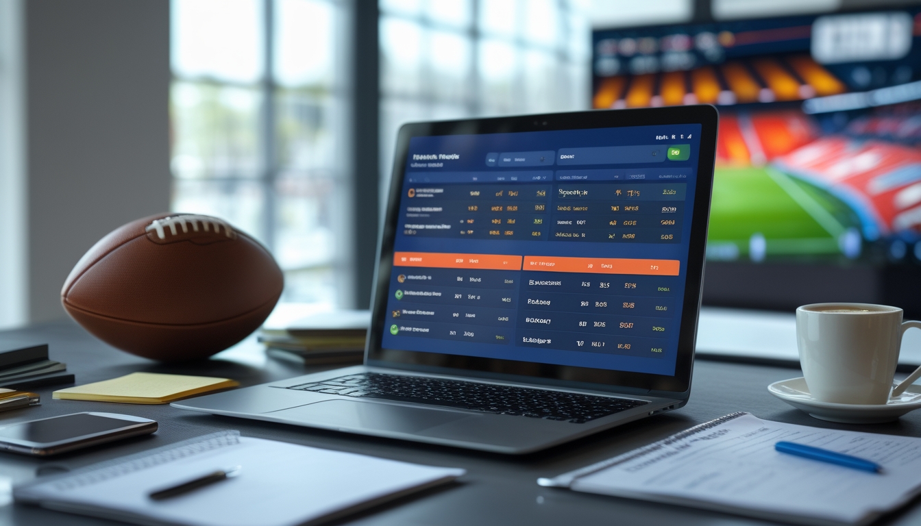 Meja kerja dengan laptop yang menampilkan statistik pertandingan sepak bola dan peluang taruhan, ponsel dengan aplikasi taruhan, catatan, dan bola sepak di latar belakang.