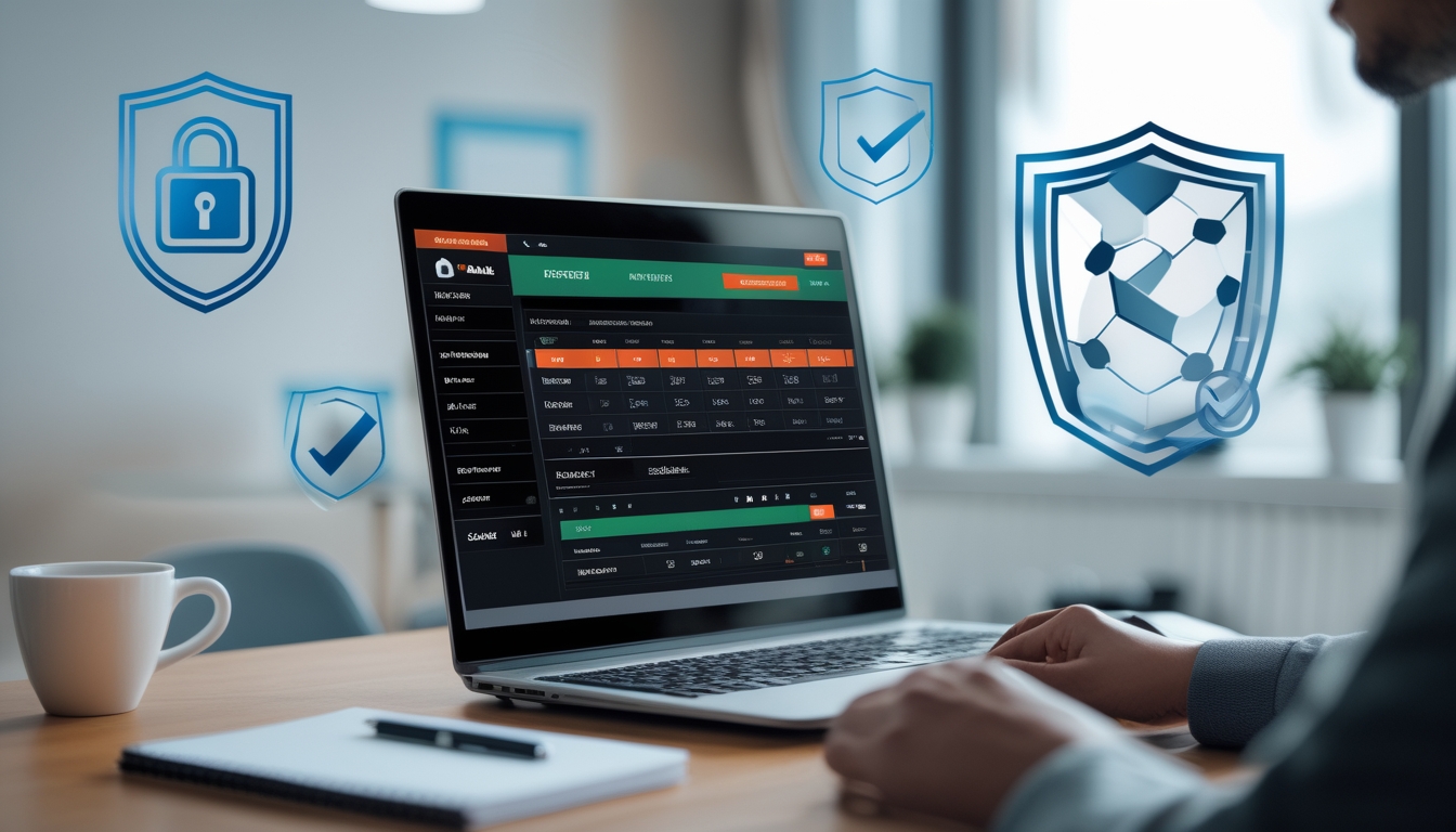 Seorang pengguna sedang melihat situs judi bola parlay yang aman di layar komputer dengan simbol keamanan seperti gembok digital dan perisai di sekitarnya.