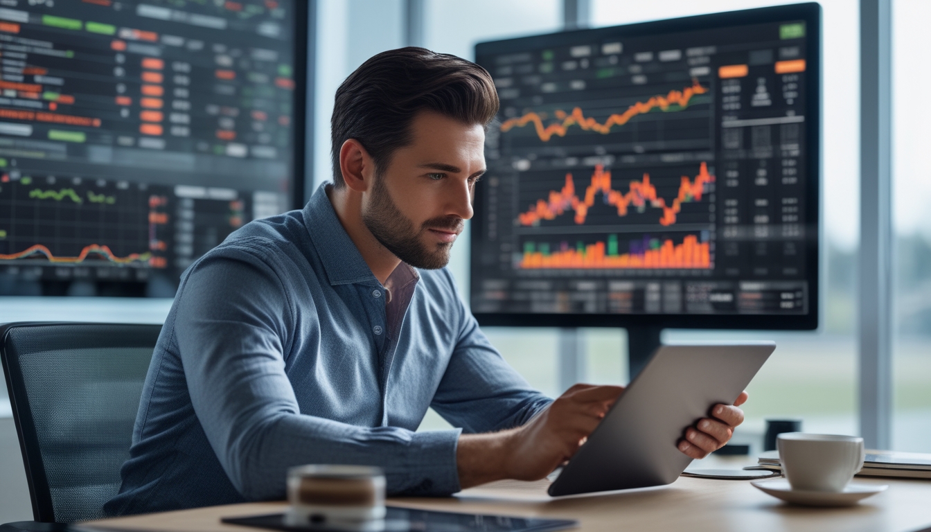 Seorang pria sedang menganalisis strategi taruhan bola di kantor modern dengan layar besar menampilkan data pertandingan sepak bola.