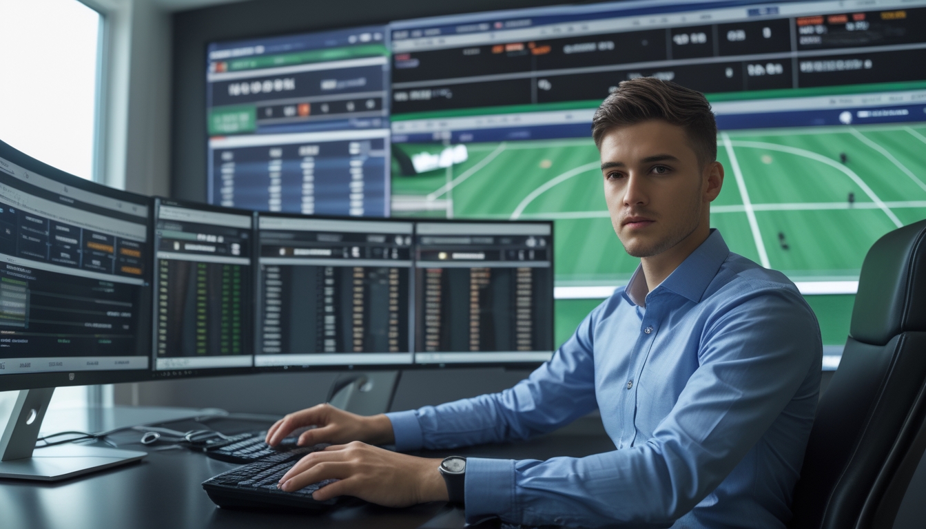 Seorang pria muda duduk di depan komputer dengan layar menampilkan statistik dan grafik taruhan bola, fokus menganalisis data dalam ruangan kantor modern.