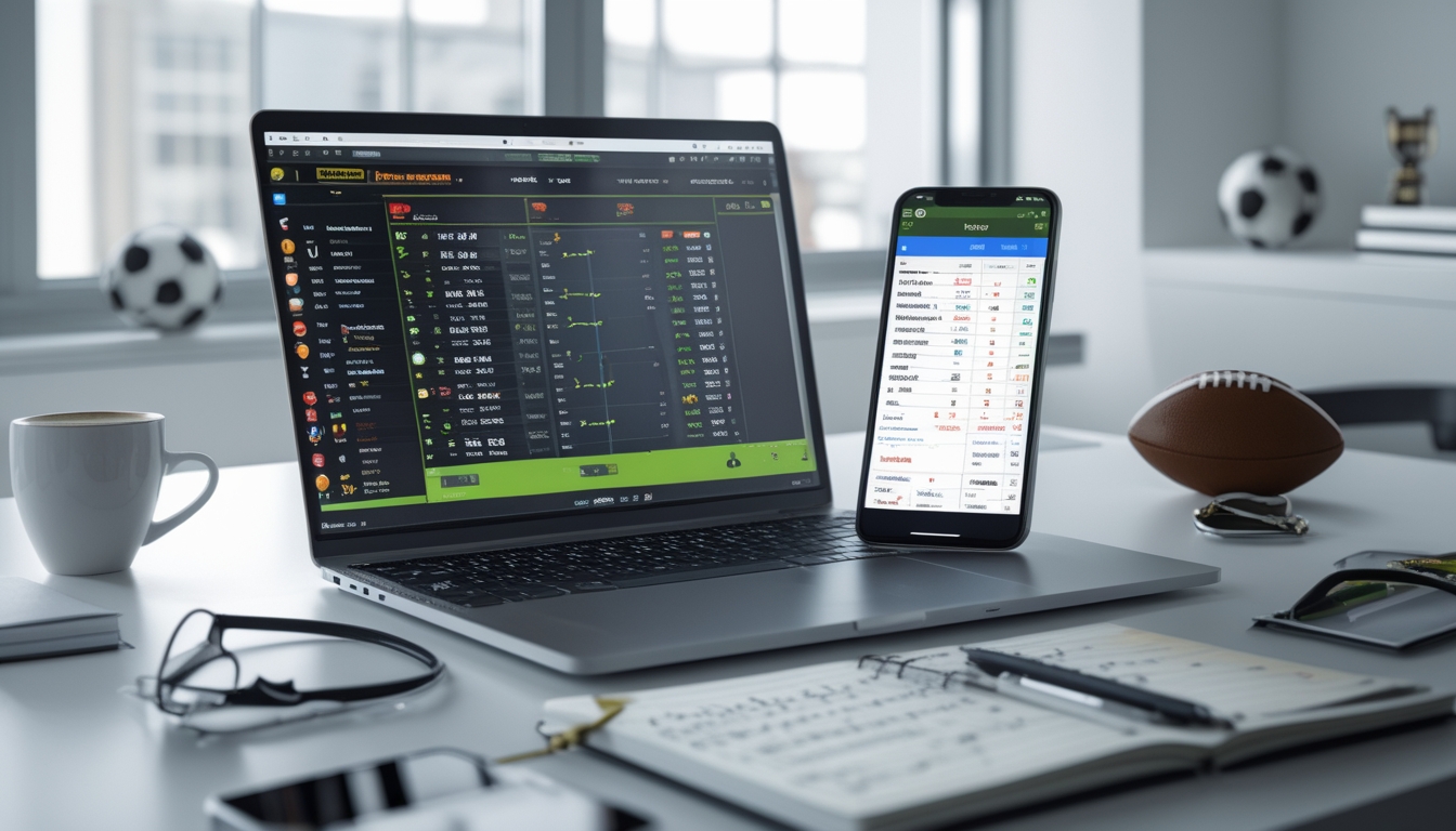 Meja kerja dengan laptop menampilkan statistik pertandingan bola, smartphone dengan aplikasi taruhan, dan buku catatan dengan catatan taruhan parlay, di ruang kantor terang dengan dekorasi bola.
