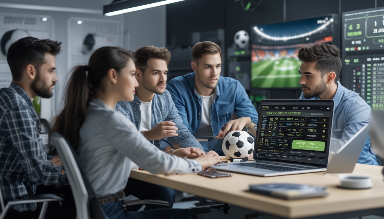 Sekelompok orang muda sedang berdiskusi dan melihat data taruhan sepak bola di perangkat digital di meja kantor yang modern.