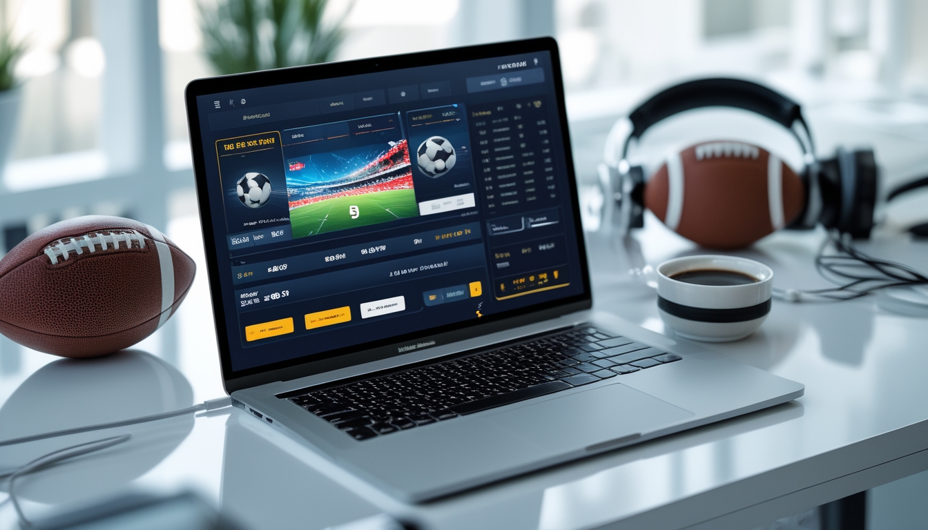 Seorang pengguna bekerja dengan laptop dan ponsel yang menampilkan antarmuka taruhan bola parlay di meja kerja dengan bola sepak di sampingnya.