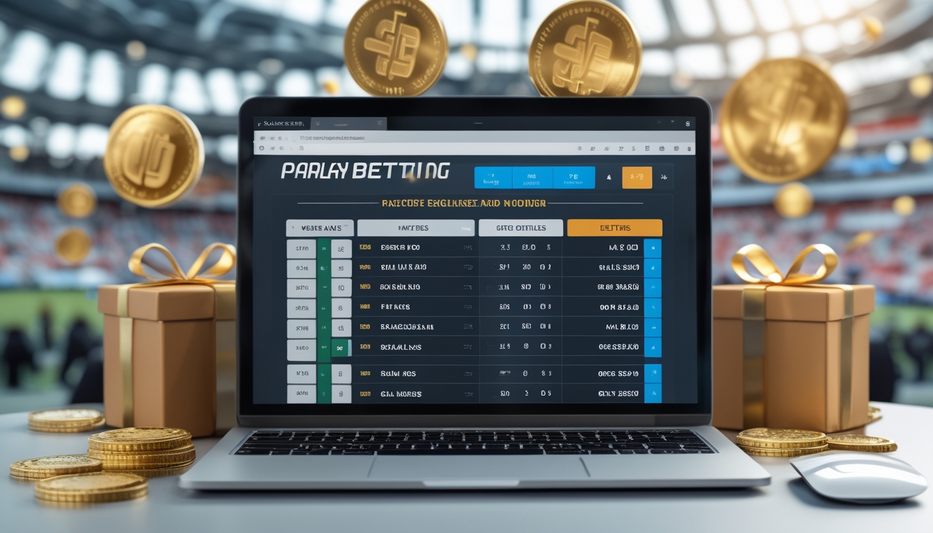 Meja kerja dengan laptop yang menampilkan peluang taruhan sepak bola dan simbol bonus serta diskon di sekitarnya.