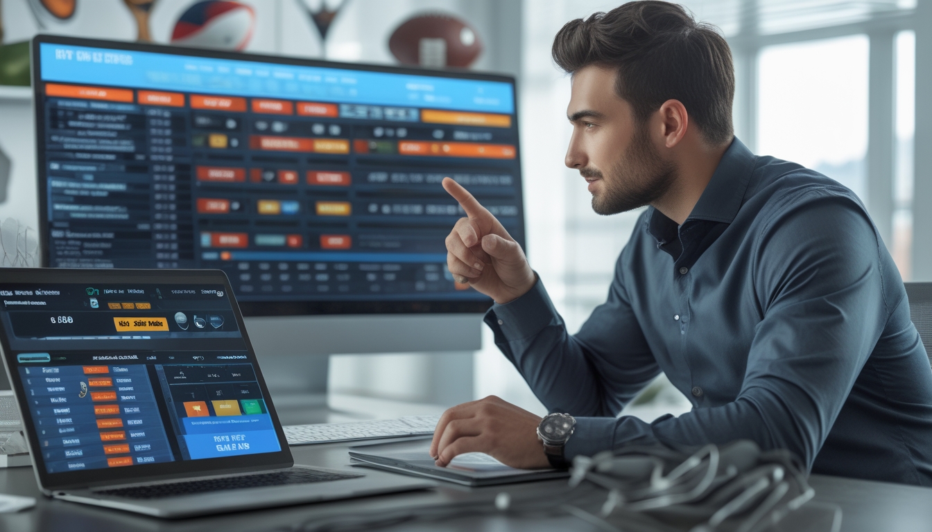 Seorang pria sedang menganalisis statistik pertandingan sepak bola dan peluang taruhan di layar digital di sebuah kantor modern.