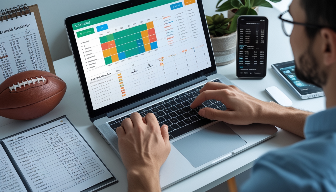 Seseorang sedang bekerja di meja dengan laptop dan bola sepak, memperbarui jadwal pertandingan mingguan.