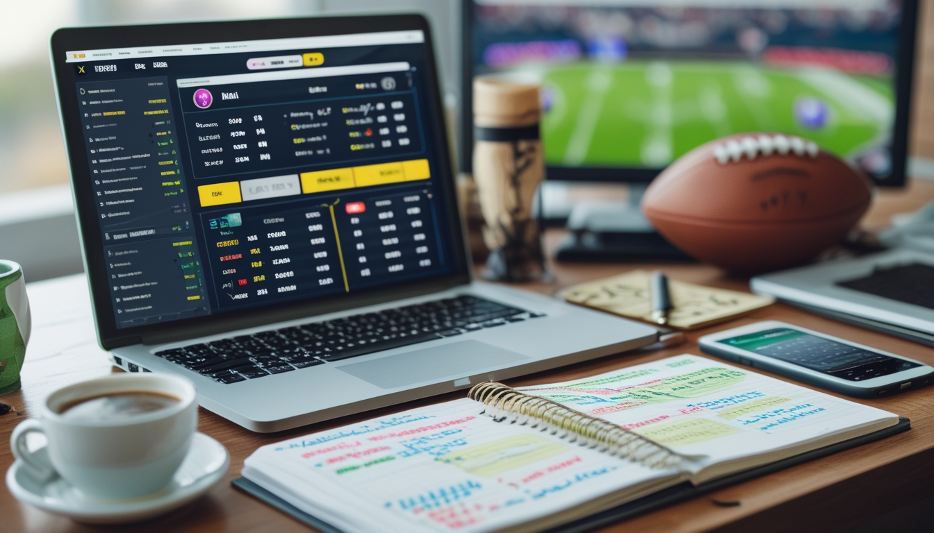 Meja kerja dengan laptop menampilkan data taruhan bola, buku catatan dengan grafik, kopi, dan ponsel yang menunjukkan pertandingan sepak bola.