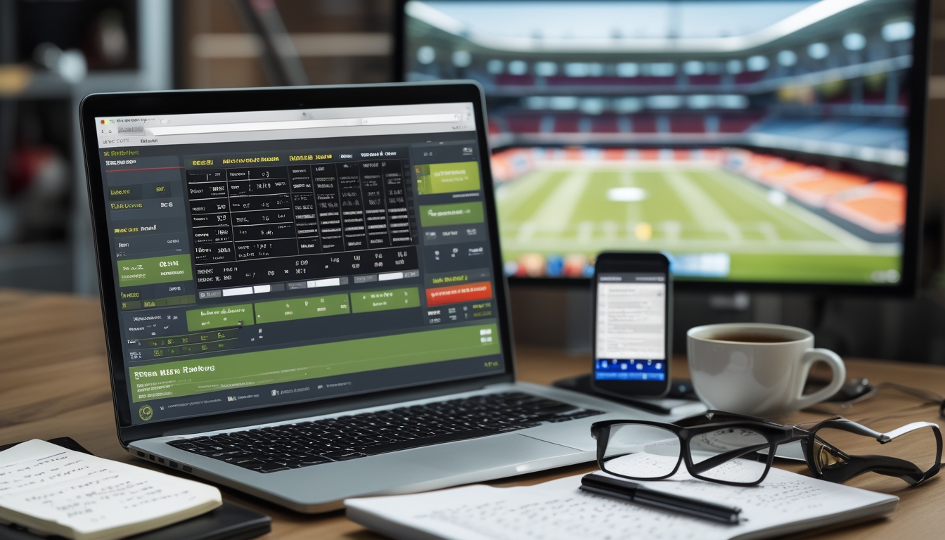 Meja kerja dengan laptop yang menampilkan odds taruhan bola parlay, smartphone dengan pertandingan sepak bola langsung, catatan tulisan tangan, dan cangkir kopi.