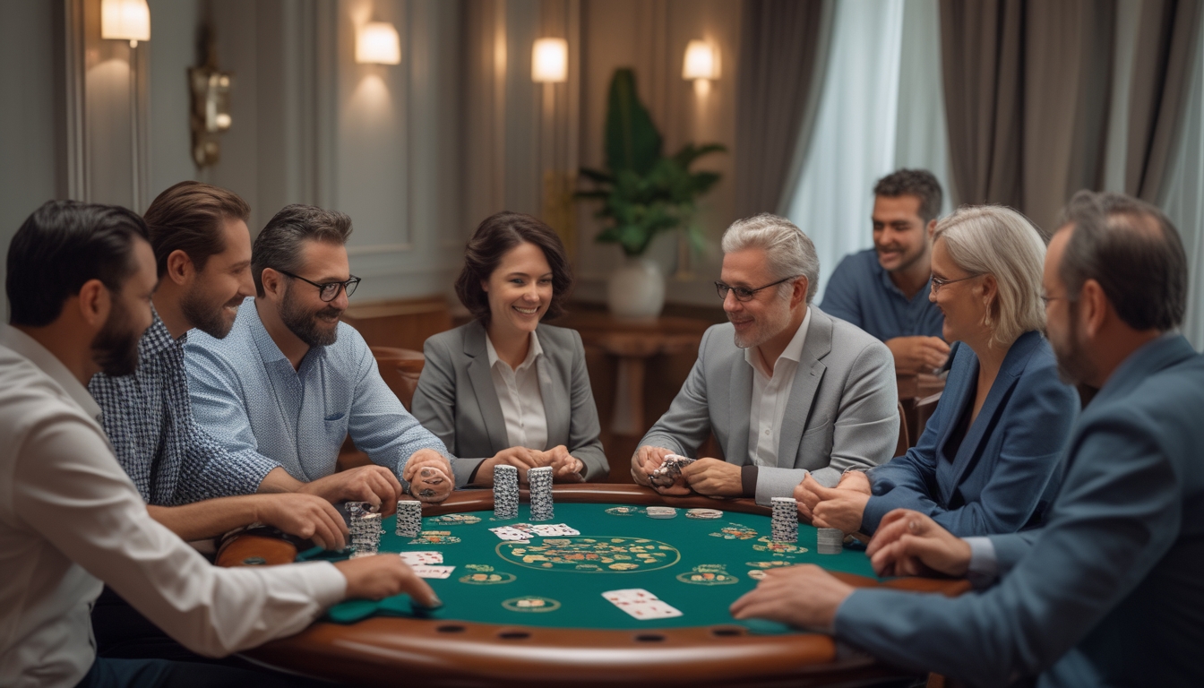 Sekelompok orang dewasa bermain poker di meja kayu dengan suasana yang ramah dan fokus.