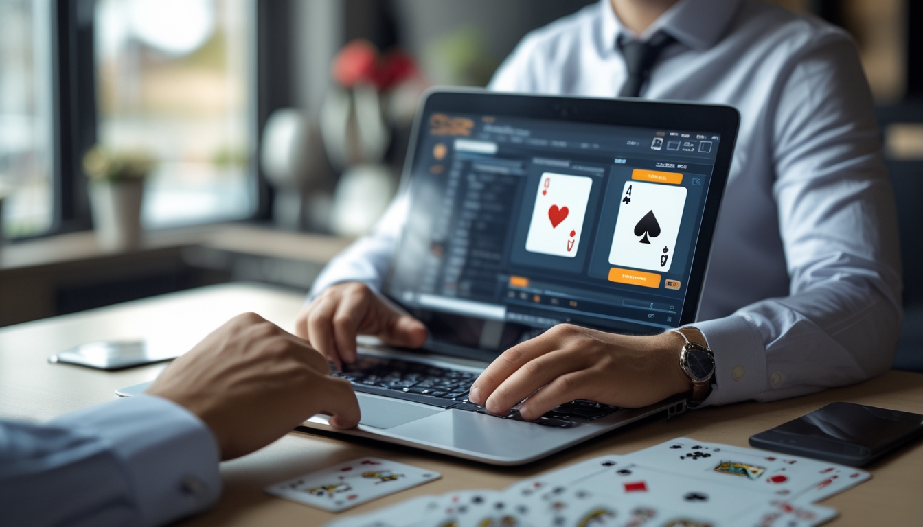 Seseorang duduk di meja dengan laptop yang menampilkan permainan poker, terlihat fokus dan serius dalam memilih situs poker online.