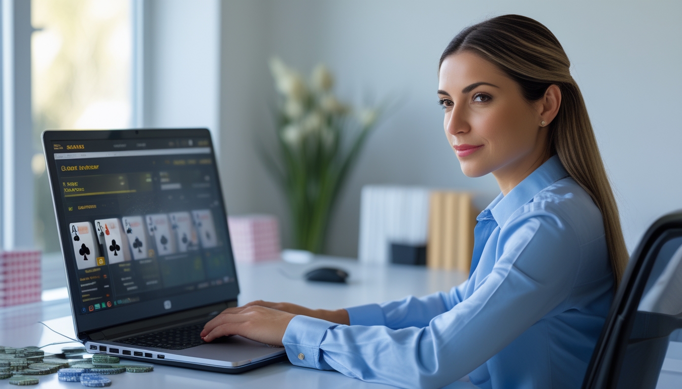 Seorang wanita dewasa duduk di meja kerja modern menggunakan laptop dengan permainan poker di layar, terlihat fokus dan aman dalam suasana ruangan yang terang dan rapi.