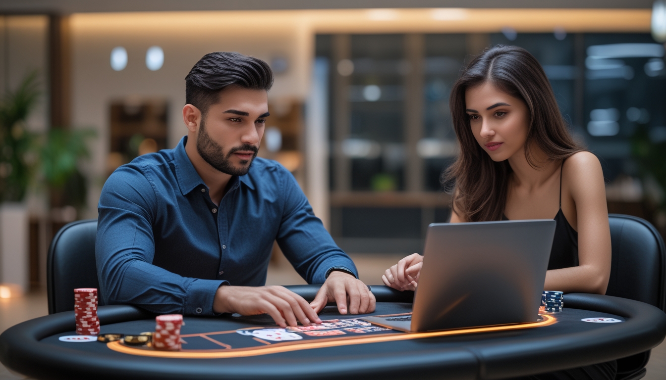 Seorang pria dan wanita duduk di meja poker dengan laptop, fokus bermain poker online dengan kartu dan chip di meja.