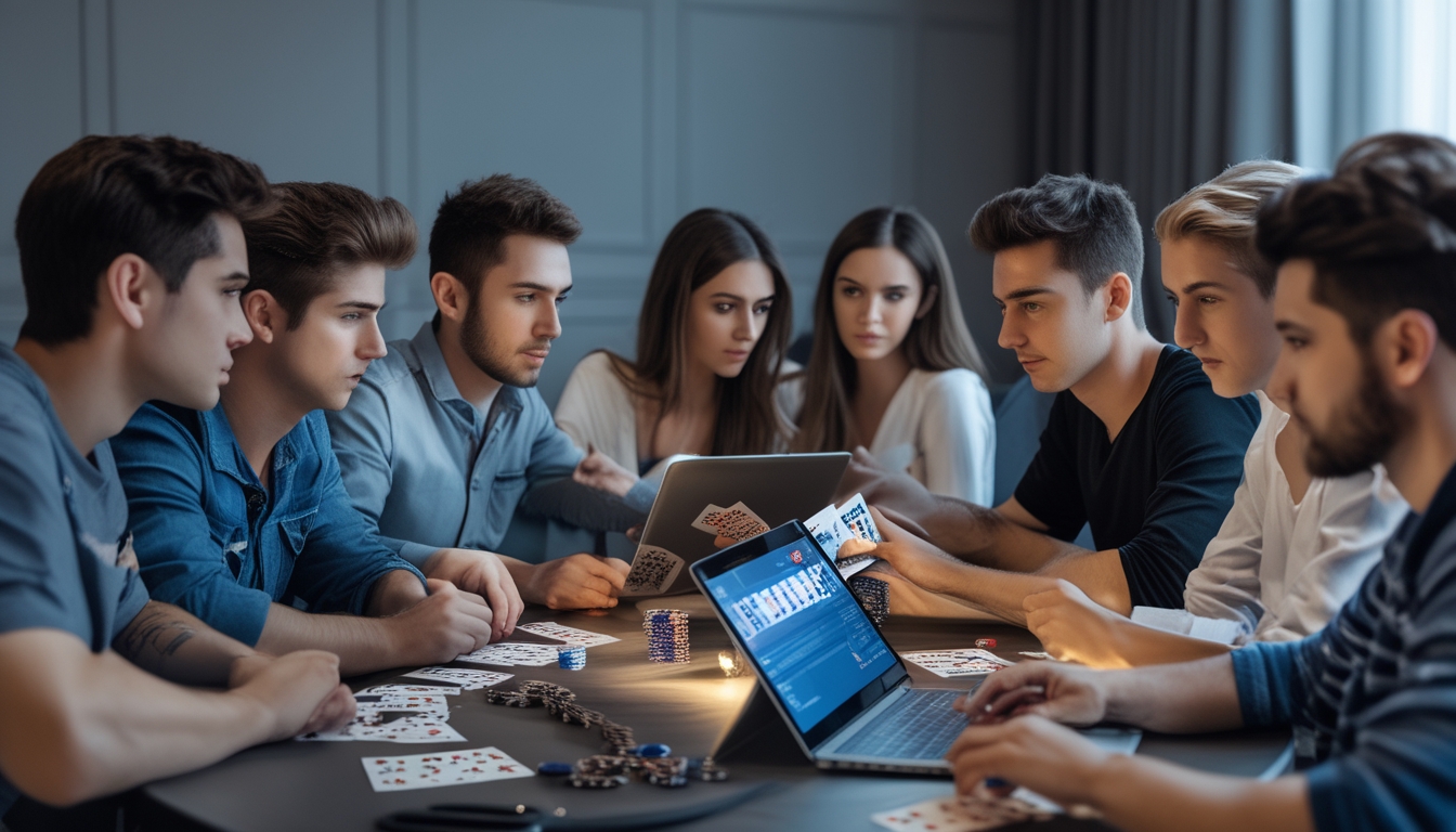 Sekelompok orang muda bermain poker online dengan kartu dan chip di meja dalam ruangan yang nyaman.
