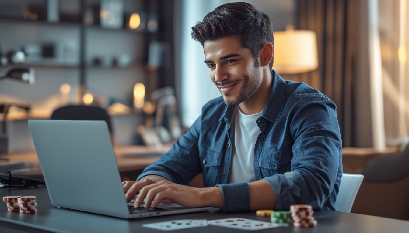 Seorang pria muda duduk di meja dengan laptop, bermain poker online dengan kartu dan chip poker di sekitar.
