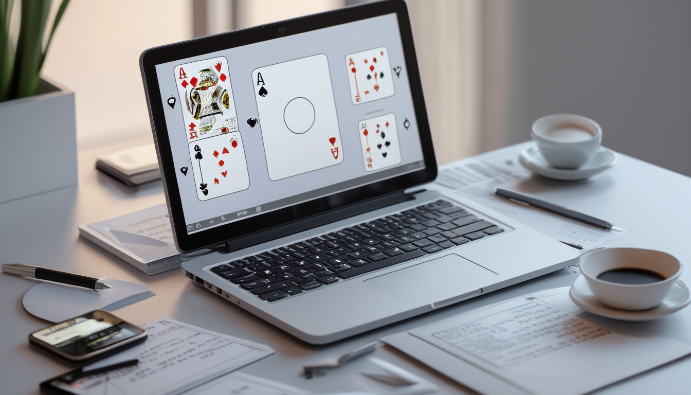 Meja kerja dengan laptop yang menampilkan permainan poker online, dikelilingi catatan dan smartphone, menunjukkan suasana fokus dan strategi bermain poker.