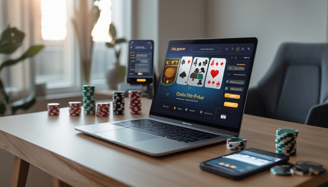 Sebuah meja kerja modern dengan laptop yang menampilkan permainan poker online, dikelilingi oleh chip poker dan kartu remi.
