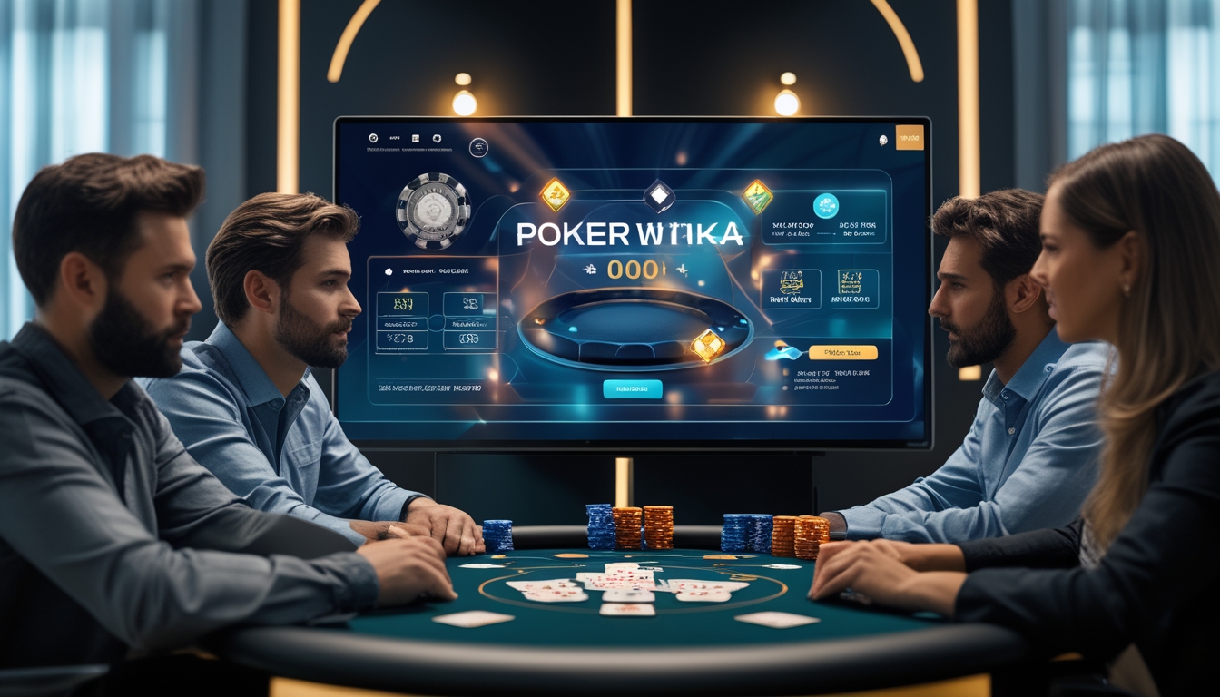 Sekelompok orang bermain poker online di depan layar besar dalam ruangan modern yang terang dan nyaman.