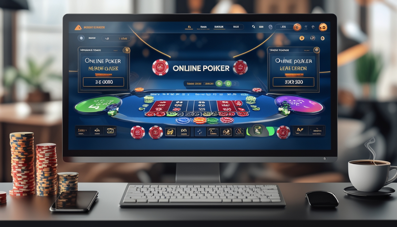 Sebuah meja komputer modern dengan layar menampilkan permainan poker online dan tumpukan chip poker di sekitarnya.