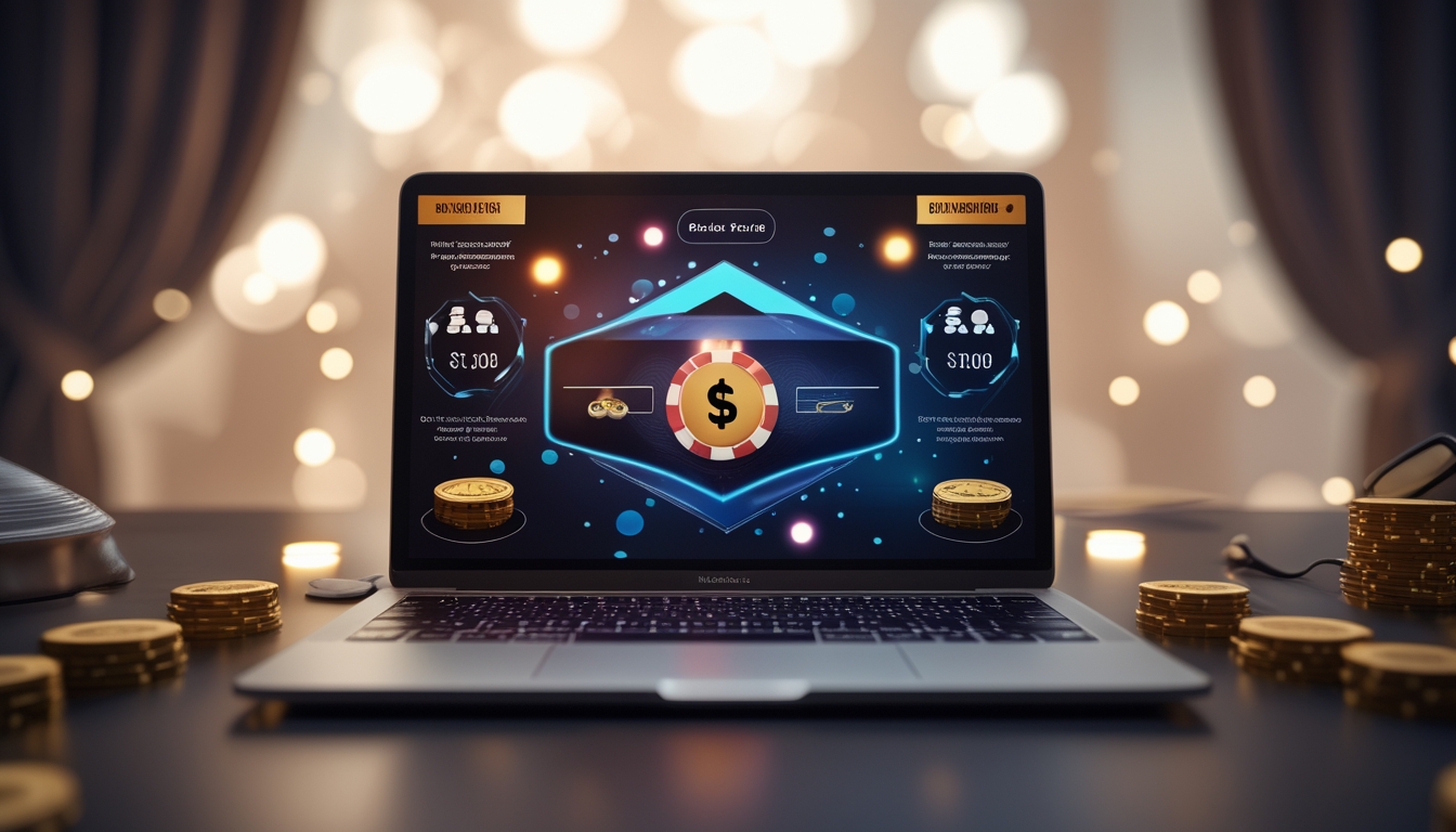Sebuah perangkat digital menampilkan permainan poker online dengan kartu dan chip, dikelilingi oleh ikon promosi dan bonus, di latar belakang yang samar dan pencahayaan hangat.