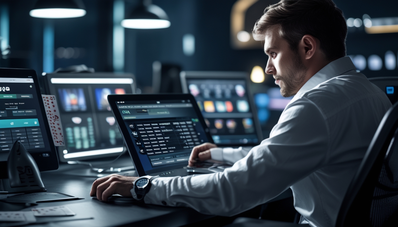 Seorang pemain poker online yang serius duduk di depan perangkat digital, fokus pada layar yang menampilkan permainan poker dan strategi.