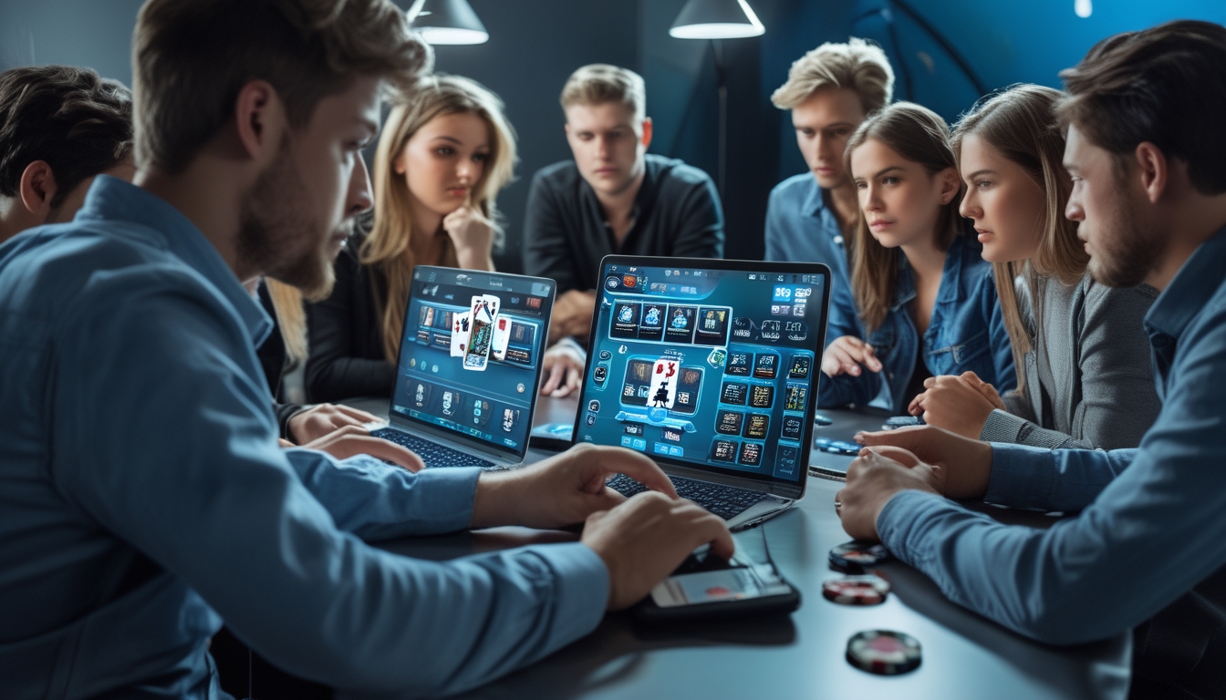 Sekelompok orang muda sedang bermain poker online dengan serius di meja modern menggunakan laptop dan perangkat digital.
