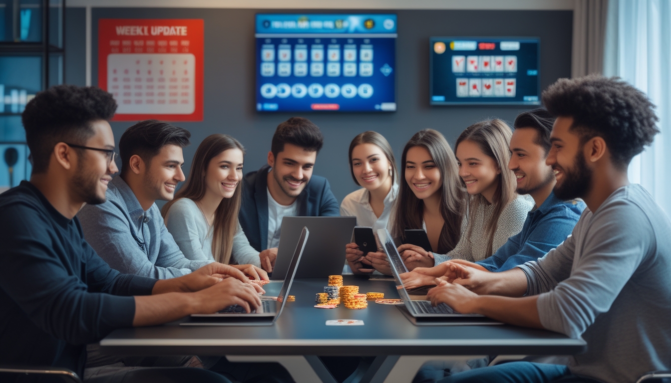 Sekelompok orang muda bermain poker online di meja dengan laptop dan tablet di sebuah ruang kerja modern.